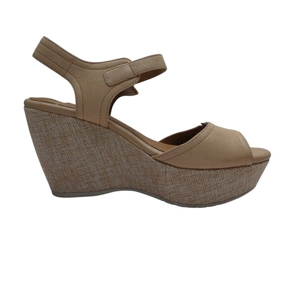 Clarks Nadine Lola Beige Leather Open Toe Wedge Heel Sandals Womens 7.5 - Picture 4 of 12